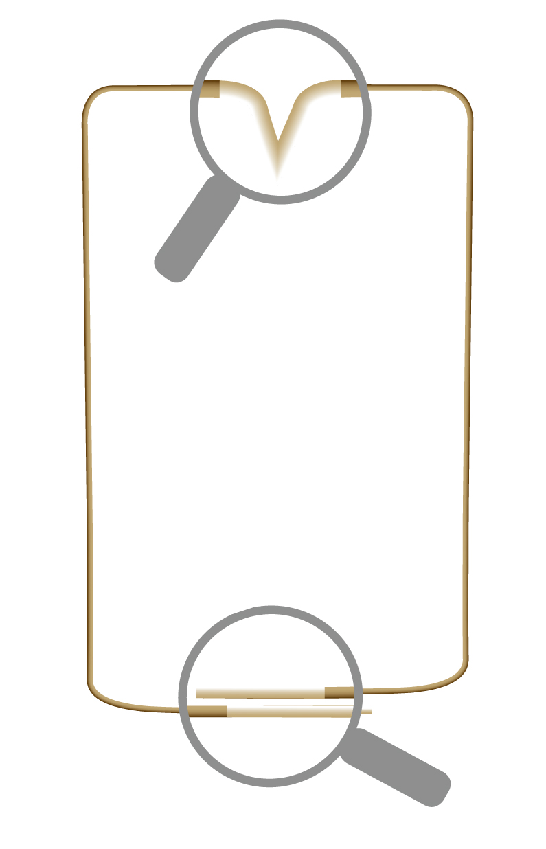 Das Bild zeigt eine gezeichnete Darstellung eines Drahtgestells, das einen rechteckigen Rahmen bildet. Zwei Lupe-Symbole heben spezielle Bereiche des Rahmens hervor, möglicherweise um Details oder Besonderheiten zu betonen.