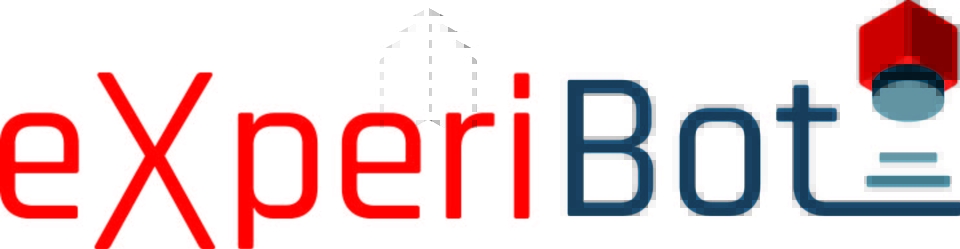 Das Bild zeigt das Logo von "eXperiBot", einem Lernroboter f&uuml;r die Schule. Der Schriftzug kombiniert rote und blaue Farben sowie grafische Elemente, die m&ouml;glicherweise technologisches und wissenschaftliches Engagement symbolisieren.