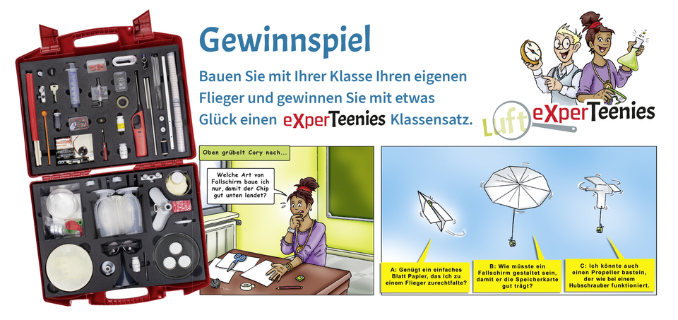 Das Bild zeigt einen roten Werkzeugkasten mit Experimentiermaterialien f&uuml;r den Bau von Fliegern und das Gewinnspiel f&uuml;r Sch&uuml;lerinnen und Sch&uuml;ler. Daneben sind Zeichnungen und &Uuml;berlegungen einer Sch&uuml;lerin, die verschiedene Ideen f&uuml;r den Bau eines Fallschir