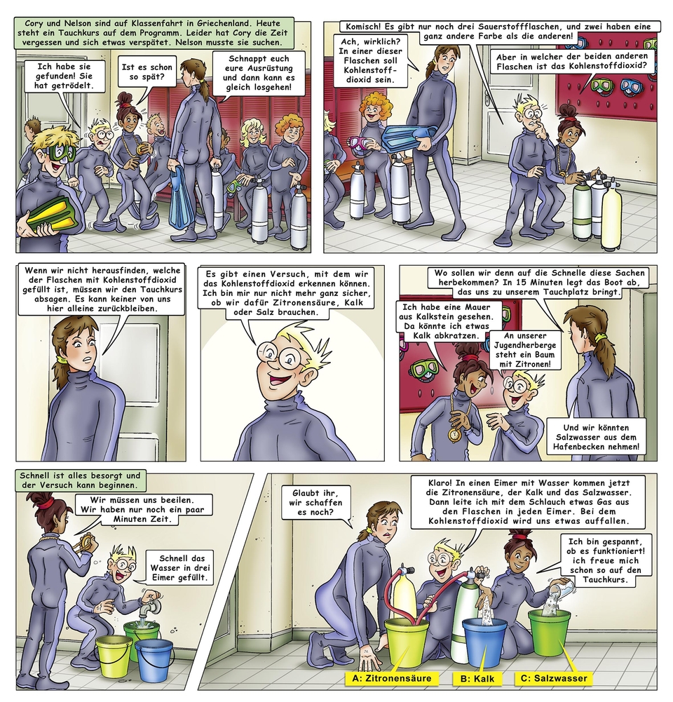 Das Bild zeigt Cory und Nelson, die auf Klassenfahrt in Griechenland sind und sich auf einen Tauchkurs vorbereiten. Sie m&uuml;ssen herausfinden, welche Flasche mit Kohlenstoffdioxid gef&uuml;llt ist, um ihren Versuch rechtzeitig zu starten.