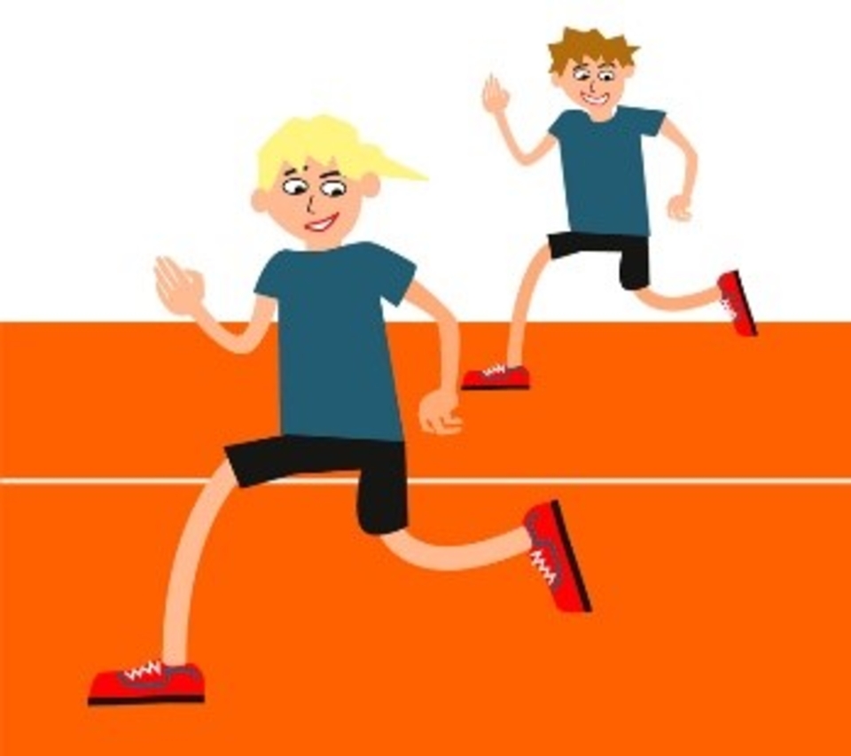 Das Bild zeigt zwei cartoonartige Kinder, die fr&ouml;hlich auf einer orangen Laufbahn rennen. Beide tragen sportliche Kleidung und stehen in einer dynamischen Laufposition, wobei sie an verschiedenen Punkten der Bahn unterwegs sind.