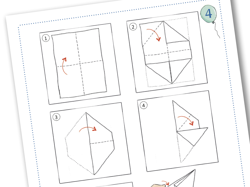Das Bild zeigt eine Schritt-für-Schritt-Anleitung zur Faltung eines Papiers in verschiedene Formen. Die einzelnen Schritte sind mit Zahlen und Pfeilen gekennzeichnet, um die Falttechnik zu verdeutlichen.