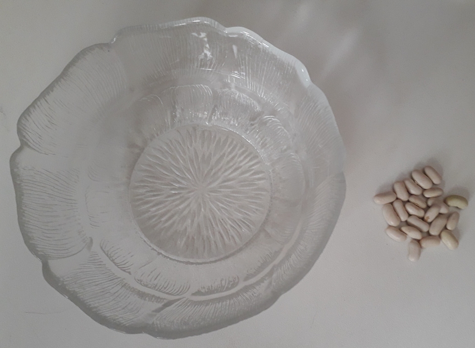 Das Bild zeigt eine gro&szlig;e, transparente Glassch&uuml;ssel mit einer bl&uuml;tenartigen Musterung. Neben der Sch&uuml;ssel liegen mehrere helle Bohnen, die als Experimentiermaterial verwendet werden k&ouml;nnten.