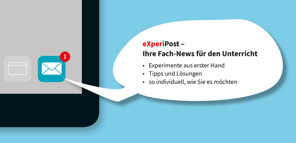 Das Bild zeigt eine digitale Benachrichtigung &uuml;ber neue Fach-News f&uuml;r den Unterricht, bezeichnet als eXperiPost. Dabei handelt es sich um Informationen zu Experimenten, Tipps und individuellen L&ouml;sungen f&uuml;r Lehrer im deutschen Bildungswesen.