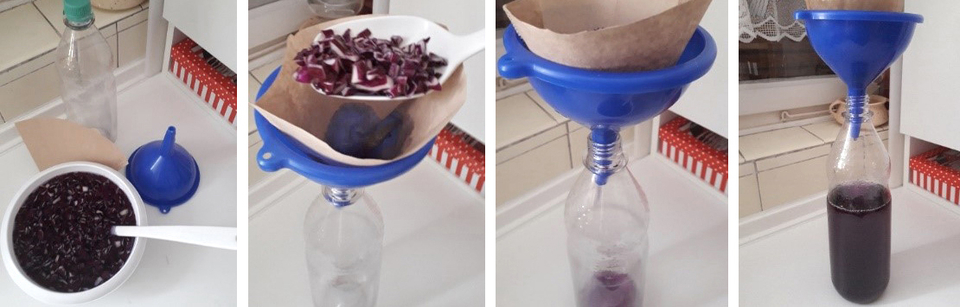 Das Bild zeigt den Prozess der Herstellung eines nat&uuml;rlichen Farbstoffs aus Rotkohl. In mehreren Schritten wird der zerkleinerte Kohl durch einen Trichter in eine Flasche gefiltert, um die violette Fl&uuml;ssigkeit zu gewinnen.