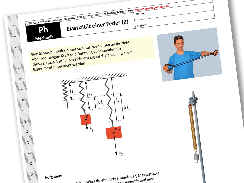Das Bild zeigt ein Arbeitsblatt zum Thema "Elastizität einer Feder", das Experimente zur mechanischen Dehnung und Kraftverhältnisse behandelt. Zudem sind eine Skizze und eine Abbildung eines Schülers, der mit einer Feder experimentiert, abgebildet.