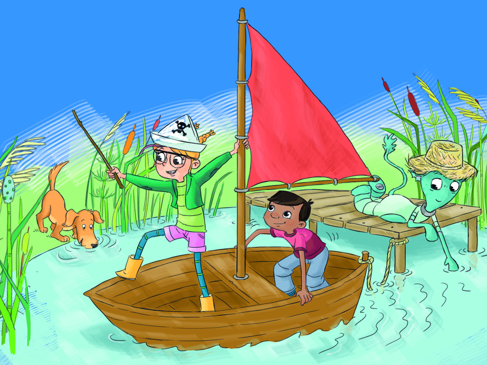 Das Bild zeigt zwei Kinder in einem auf einem Gew&auml;sser treibenden Boot mit einem roten Segel; das M&auml;dchen Lilli mit einer Piratenm&uuml;tze h&auml;lt einen Stock. Am Ufer ist ein Hund zu sehen, w&auml;hrend ein freundlicher, gr&uuml;ner Alien - Vinus - auf einem Steg entspan