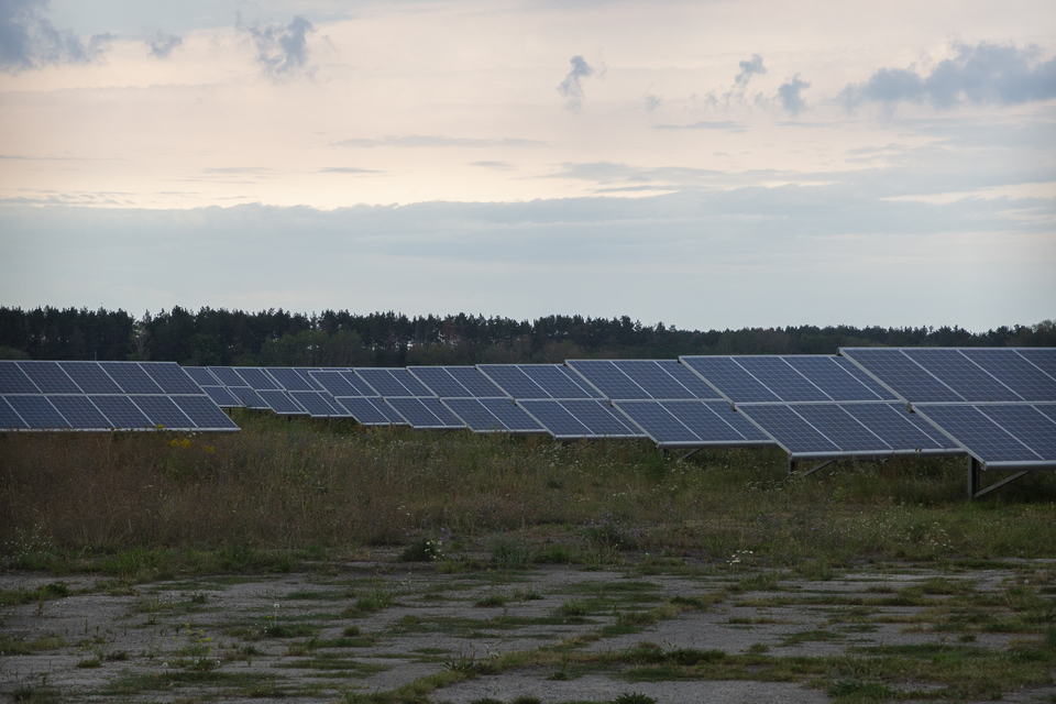 Das Bild zeigt ein Feld mit mehreren Solarzellen zur Nutzung von Sonnenenergie, die in Reihen aufgestellt sind. Im Hintergrund sind B&auml;ume zu sehen, w&auml;hrend der Himmel bew&ouml;lkt ist und die Landschaft eine nat&uuml;rliche, gr&uuml;ne Umgebung widerspiegelt.