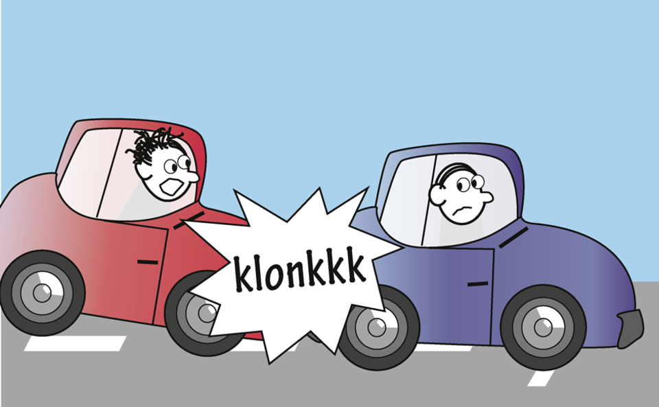Das Bild zeigt zwei cartoonartige Autos, die miteinander kollidieren, wobei eines der Autos einen aufgeregten Fahrer und das andere einen besorgten Fahrer zeigt. Ein Comicsymbol mit dem Ger&auml;usch "klonk" verdeutlicht den Zusammensto&szlig; zwischen den Fahrzeuge