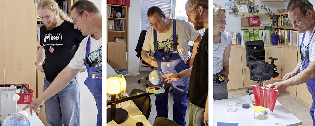 Das Bild zeigt eine Gruppe von Personen, die aktiv an Experimenten arbeiten. Sie verwenden verschiedene Materialien, um physikalische Konzepte zu demonstrieren, und scheinen dabei viel Spaß zu haben.