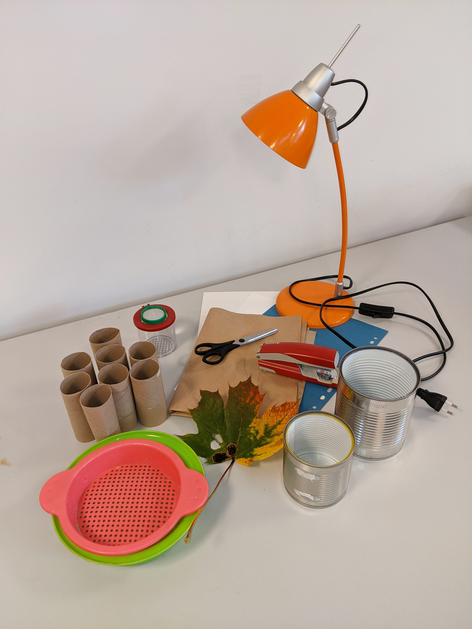 Das Bild zeigt eine Sammlung von Materialien f&uuml;r Experimente, darunter leere Klorollen, Dosen, eine Lampe, eine Schere, ein Hefter, Papier und eine bunte Sch&uuml;ssel. Diese Gegenst&auml;nde k&ouml;nnen f&uuml;r verschiedene Bildungsprojekte und kreative T&auml;tigkeiten verwend