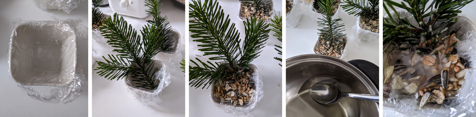 Das Bild zeigt mehrere kleine, mit Frischhaltefolie umwickelte T&ouml;pfe, die mit Vogelfutter bef&uuml;llt wird. Es geht um eine Anleitung f&uuml;r eine Vogelfutterstation.