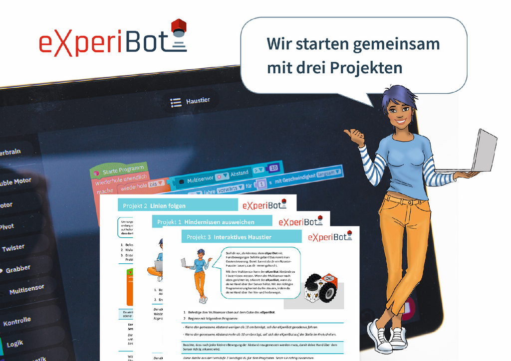 Das Bild zeigt die ein Tablet mit einer Programmieransicht f&uuml;r den eXperiBot Lernroboter. Es sind drei Projekte abgebildet, die auf einer digitalen Oberfl&auml;che pr&auml;sentiert werden, w&auml;hrend eine animierte Figur mit einem Laptop interagiert.