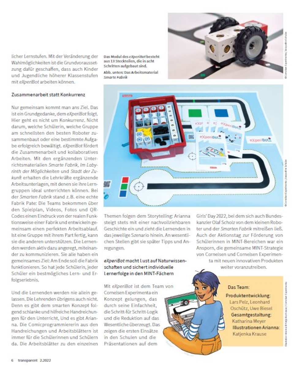 Das Bild zeigt einen Artikel im transparent-Magazin von Cornelsen &uuml;ber den Lernroboter "eXperiBot". Es geht um einen Roboter, der Coding und Robotik in der Schule f&ouml;rdert.
