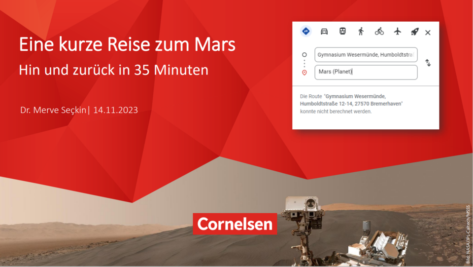 Das Bild zeigt die Coverfolie eines Vortrags auf der MNU Bremerhaven 2023. Das Thema lautet "Eine kurze Reise zum Mars - Hin und zur&uuml;ck in 35 min".