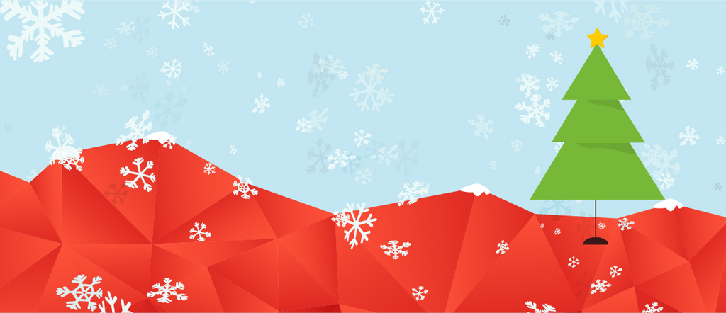 Das Bild zeigt eine illustrierte, stilisierte Winterlandschaft mit roten polygonalen Hügeln und weißen Schneeflocken im Hintergrund. Ein grüner Weihnachtsbaum mit einem gelben Stern steht prominent im Bild und vermittelt eine festliche Stimmung.