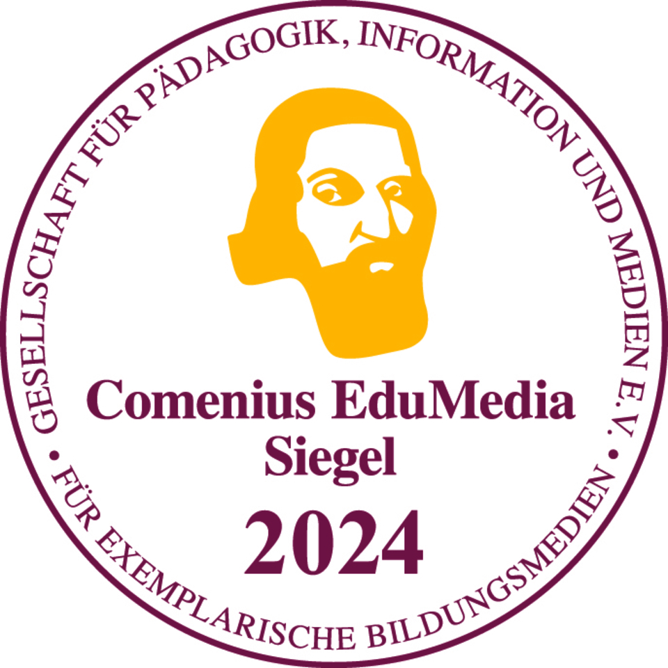 Logo Comenius Siegel/ Das Comenius EduMedia Logo ist ein rundes Siegel mit dem Abbild von Comenius, der zentralen Aufschrift "Comenius EduMedia Siegel 2024" und kreisrund am Rand findet sich der Text " F&uuml;r exemplarische Bildungsmedien + Gesellschaft f&uuml;r P&auml;dagogik, Informatik und Medien e.V.