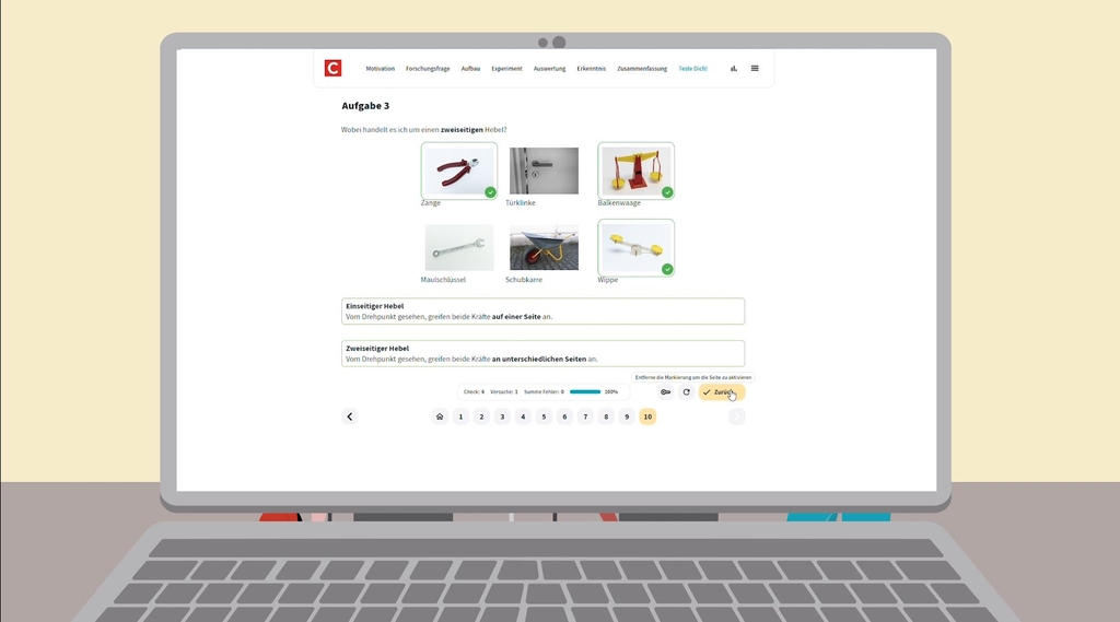 Gezeigt wird ein aufgeklappter, illustrierter Laptop wo ein Screen des eXperiScouts gezeigt wird. Gezeigt wird hier eine Aufgabe, in der die Sch&uuml;ler*innen die korrekten Bilder gem&auml;&szlig; der gestellten Aufgabe ausw&auml;hlen sollen.