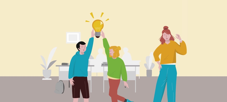 In der Illustration werden die beiden Sch&uuml;ler mit einem High Five gezeigt, die in der Mitte zwischen ihren H&auml;nden eine leuchtende Gl&uuml;hbirne halten. Rechts daneben steht die Lehrerin, die ihre linke Hand  zu einem positiven Zeichen nach oben hebt.