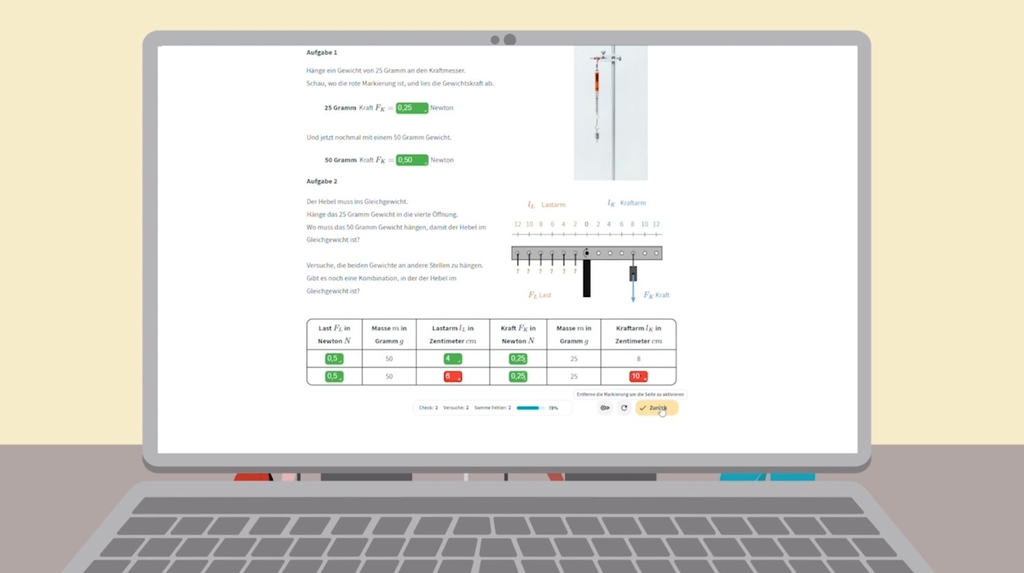 Gezeigt wird ein aufgeklappter, illustrierter Laptop wo ein Screen des eXperiScouts gezeigt wird. Hier ist es eine Experiment wo die Sch&uuml;ler*innen eine Tabelle ausf&uuml;llen m&uuml;ssen.