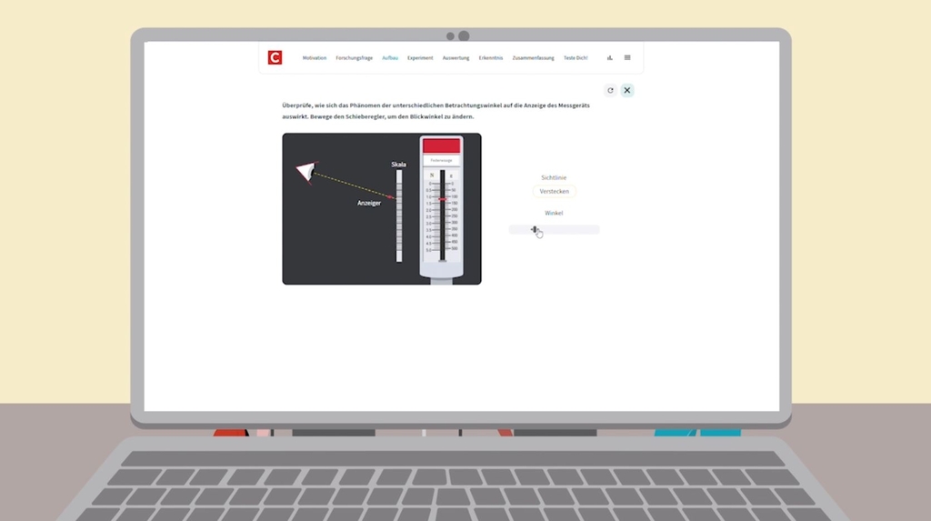 in einem illustrierten Laptop ist ein Screen abgebildet, der die Justierung des Kraftmessers zeigt. 