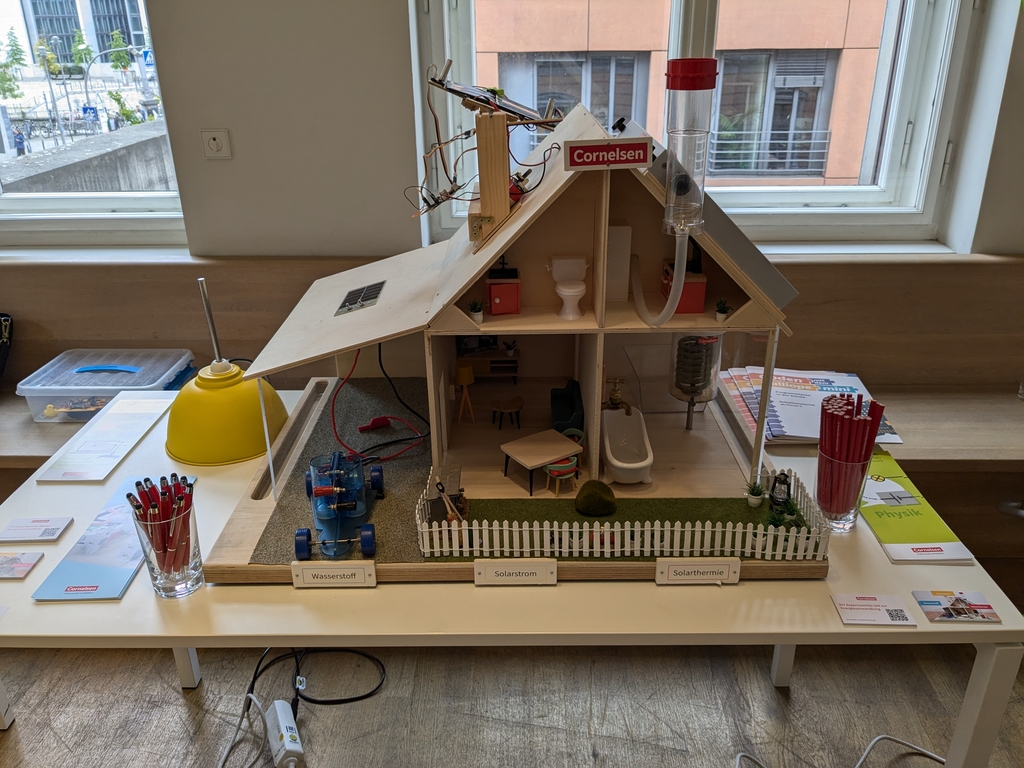 Das Bild zeigt ein selbst gebautes Energiewandelhaus. Zu sehen ist ein Modellhaus, das verschiedene Technologien zur Energieerzeugung und -nutzung darstellt, darunter ein Wasserstoffauto und Solartechnologien.