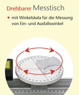 Das Bild zeigt einen drehbaren Messtisch mit Winkelskala, der zur genauen Messung von Ein- und Ausfallswinkeln genutzt werden kann. Er ist Teil der experimentellen Ausstattung für das deutsche Bildungswesen und unterstützt praktische Übungen in Physik.