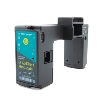 Das Bild zeigt ein "Go Direct Photogate" von Vernier, ein elektronisches Gerät zur Messung von Zeit und Geschwindigkeit in Experimenten. Es verfügt über Anschlüsse für USB und Netzwerk sowie eine leicht verständliche Benutzeroberfläche mit verschiedenen S