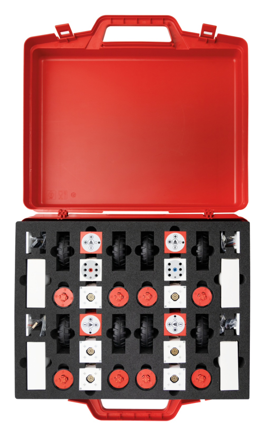 Das Bild zeigt einen roten Koffer, der mit einem Set an Experimentiermaterialien gefüllt ist, darunter verschiedene Bauteile und mechanische Teile, die für educational purposes genutzt werden können. Die Anordnung der Teile in einem Schaumstoffeinlage sor