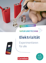 Das Bild zeigt ein Experimentierset zur Elektrizität, einschließlich roter Kabel und einer Metallsonde, die zur Durchführung von elektrischen Experimenten verwendet wird. Es wird von Cornelsen angeboten und bietet interaktive Übungen sowie Versuchsvideos 