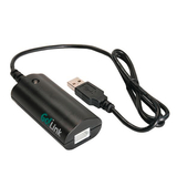 Das Bild zeigt ein kompaktes, schwarzes USB-Gerät mit einer Anschlussbuchse, das für den Bildungsbereich vorgesehen ist. Es ermöglicht die Verbindung von Experimentiergeräten oder Sensoren mit einem Computer zur Datenerfassung und Analyse.