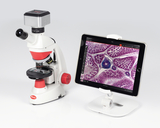 Das Bild zeigt ein Mikroskop und ein Tablet, auf dem ein vergrößertes histologisches Bild zu sehen ist. Das Mikroskop ist mit einer Kamera ausgestattet, die eine digitale Anzeige auf dem Tablet ermöglicht, was den Bildungsprozess unterstützt.