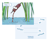 Das Bild zeigt einen Cartoon, in dem ein Tier mit einem Trinkhalm Wasser saugt. Unter dem Bild befinden sich Lückentexte, die Begriffe wie „trinken“, „schlürfen“ und „schlucken“ enthalten, um die Wortschatzvermittlung zu unterstützen.