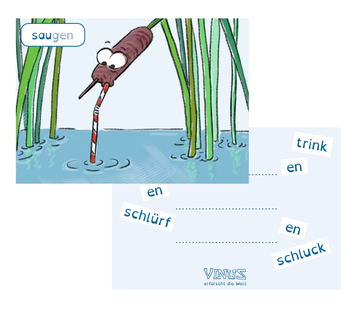 Das Bild zeigt einen Cartoon, in dem ein Tier mit einem Trinkhalm Wasser saugt. Unter dem Bild befinden sich Lückentexte, die Begriffe wie „trinken“, „schlürfen“ und „schlucken“ enthalten, um die Wortschatzvermittlung zu unterstützen.