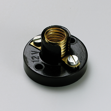 Das Bild zeigt eine schwarze Basis mit einem goldenen Gewinde und zwei Schrauben. Dieses Bauteil wird häufig in Experimenten oder technischen Anwendungen verwendet, um Verbindungen herzustellen oder Komponenten zu montieren.