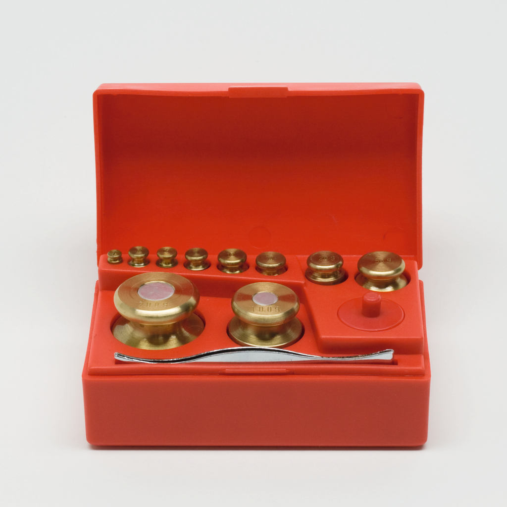 Das Bild zeigt ein Set von goldfarbenen Gewichten in einem roten Kunststoffkoffer. Die Gewichte variieren in Größe und sind für experimentelle Zwecke im Bildungswesen vorgesehen.