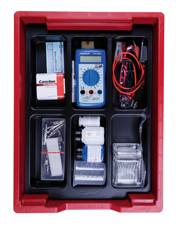 Das Bild zeigt eine rote Aufbewahrungsbox, die verschiedene Experimentiermaterialien enthält, darunter ein Multimeter, Alkaline-Batterien, Kabel, Zangen sowie Chemikalien in Flaschen. Die Anordnung der Utensilien ist übersichtlich, um den Einsatz im Bildungsbereich zu erleichtern.