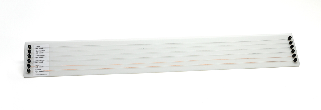 Das Bild zeigt eine experimentelle Anordnung mit mehreren Drahtleitungen aus verschiedenen Materialien, darunter Eisen und Kupfer, die zur Durchführung von elektrischen Experimenten im Unterricht verwendet werden können. Jede Leitung hat eine unterschiedliche Dicke und ist entsprechend beschriftet.