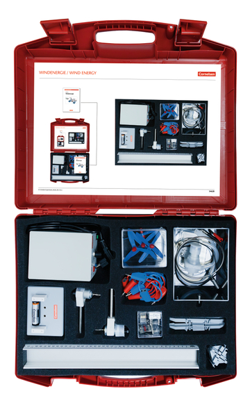 Das Bild zeigt einen roten Koffer, der Materialien und Geräte für Experimente zur Windenergie enthält. In der Box sind verschiedene Komponenten wie ein Motor, Rotoren, Kabel und Messinstrumente angeordnet, die zur Durchführung von Bildungsprojekten verwendet werden können.