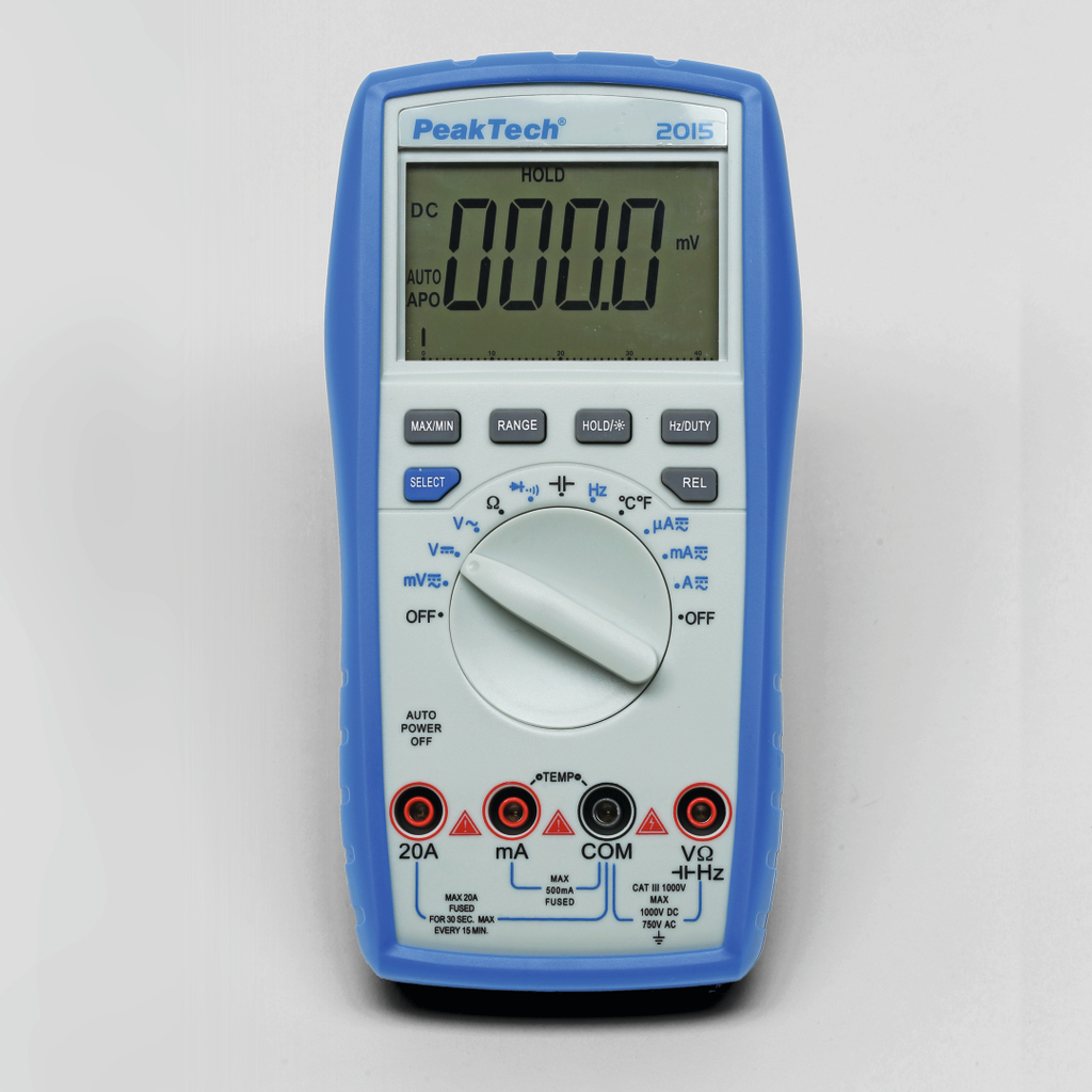 Das Bild zeigt ein digitales Multimeter der Marke PeakTech, Modell 2015. Es ist ausgestattet mit verschiedenen Messoptionen und Tasten zur Auswahl der Messwerte, wobei das Display aktuell einen Wert von 0.000 mV anzeigt.
