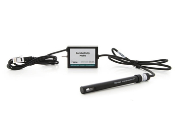 Das Bild zeigt eine Leitfähigkeitsprobe von Vernier, die aus einem Messgerät mit einem dazugehörigen Sensor besteht. Die Probe ist für die Durchführung von Experimenten im Bildungsbereich gedacht und misst die elektrische Leitfähigkeit von Flüssigkeiten.