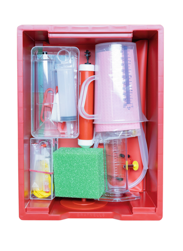 Das Bild zeigt eine rote Aufbewahrungsbox, die verschiedene Experimentiermaterialien enthält, darunter Messbecher, Pipetten und ein grünes Schwämmchen. Diese Materialien sind für den Einsatz in Bildungsumgebungen konzipiert und unterstützen praktische Experimente.
