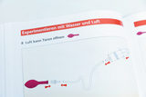 Das Bild zeigt eine Anleitung zum Experimentieren mit Luft, in der illustriert wird, wie Luft verwendet werden kann, um Türen zu öffnen. Es enthält Diagramme mit Pfeilen, die den Luftfluss und die Interaktion der einzelnen Komponenten darstellen.