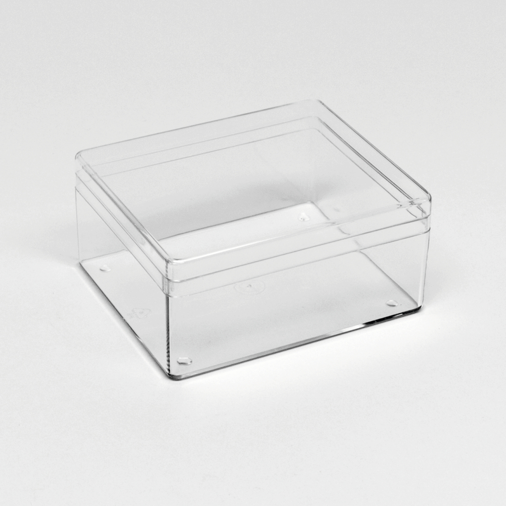 Das Bild zeigt eine transparente Kunststoffbox mit einem abnehmbaren Deckel. Sie eignet sich zur Aufbewahrung von Experimentiermaterialien oder kleineren Utensilien im Bildungsbereich.