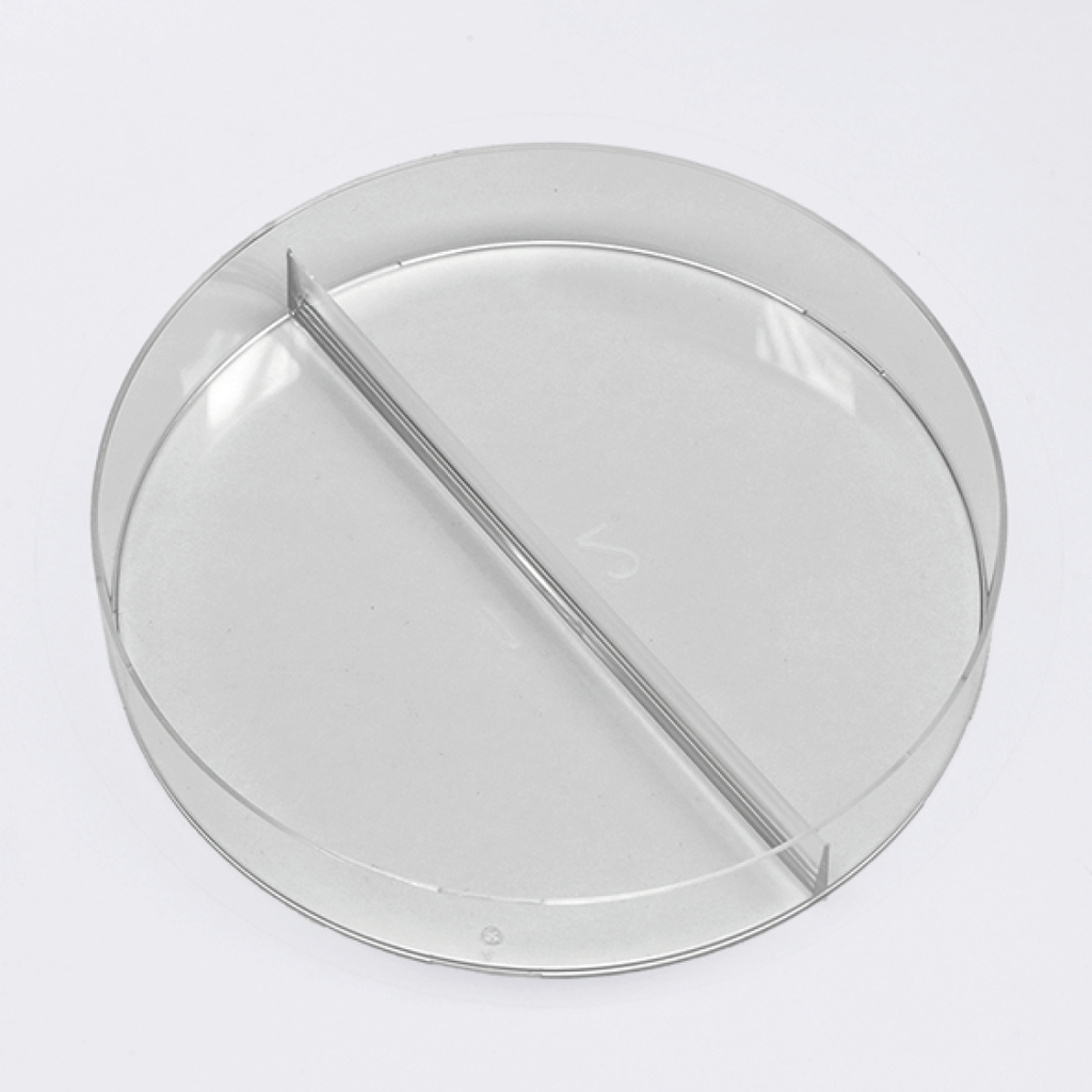 Das Bild zeigt eine transparente Petrischale mit einer vertikalen Trennwand in der Mitte. Diese Schale wird häufig in wissenschaftlichen Experimenten verwendet, um Proben zu isolieren oder unterschiedliche Bedingungen zu schaffen.