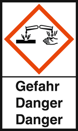 Das Bild zeigt ein Sicherheitssymbol, das auf ein chemisches Risiko hinweist. Es illustriert die Gefahr von Dämpfen oder Reaktionen zwischen Chemikalien und zeigt eine Hand, die vor einer potenziell schädlichen Substanz gewarnt wird.