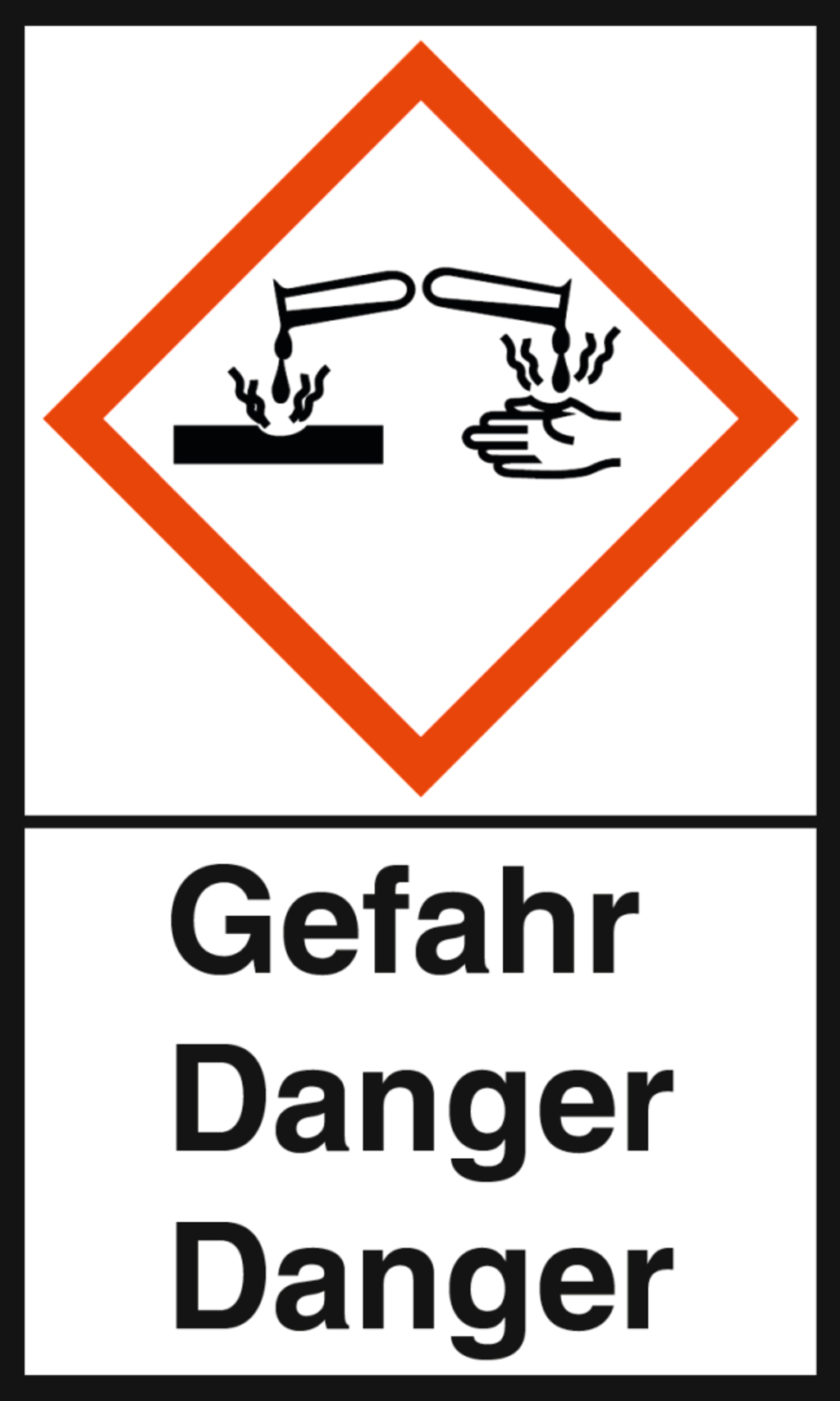 Das Bild zeigt ein Sicherheitssymbol, das auf ein chemisches Risiko hinweist. Es illustriert die Gefahr von Dämpfen oder Reaktionen zwischen Chemikalien und zeigt eine Hand, die vor einer potenziell schädlichen Substanz gewarnt wird.