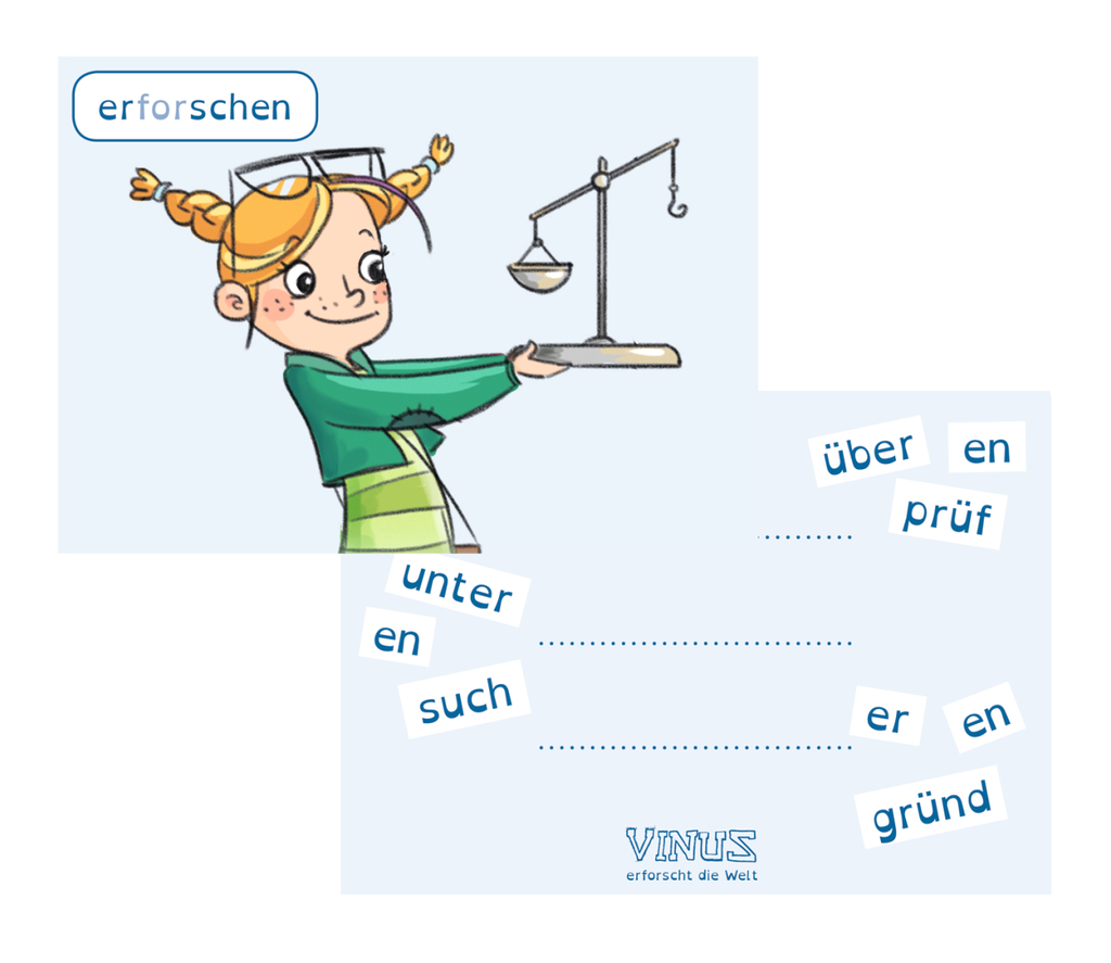 Das Bild zeigt ein fröhliches, cartoonhaftes Mädchen mit einem Wägegerät in den Händen, das zum Experimentieren einlädt. Unter dem Bild sind Wörter platziert, die zur kreativen Schreibung oder Ergänzung anregen.