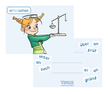 Das Bild zeigt ein fröhliches, cartoonhaftes Mädchen mit einem Wägegerät in den Händen, das zum Experimentieren einlädt. Unter dem Bild sind Wörter platziert, die zur kreativen Schreibung oder Ergänzung anregen.