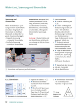 Das Bild zeigt eine Anleitung zur Messung von Stromstärke und Spannung an einem Draht mithilfe eines Netzgeräts, Messgeräten und verschiedenen Drähten. Es werden Sicherheitsvorkehrungen und eine Materialliste bereitgestellt, um die Experimente korrekt durchzuführen.
